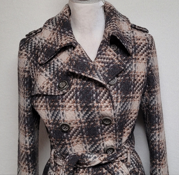 DKNY Retro Y2K Brown Plaid Tweed Double Breasted Belted Midi Peacoat Trench Coat - Picture 3 of 13